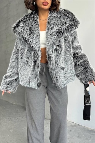 Dip Moda Kadın Gri İthal Kumaş 1. Kalite Kürk Kaban Dpnbg053 Gri