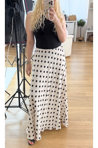Modaonna Siyah Puantiyeli Saten Maxi Etek
