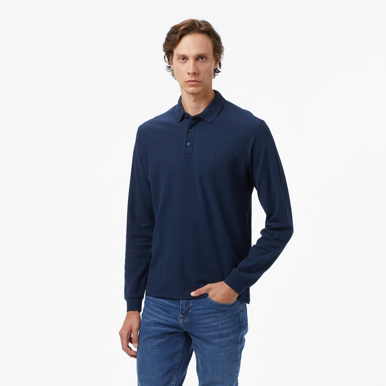 Nautica Erkek Lacivert Classic Fit Uzun Kollu Polo Yaka T-shirt Düz K57351t Lacivert