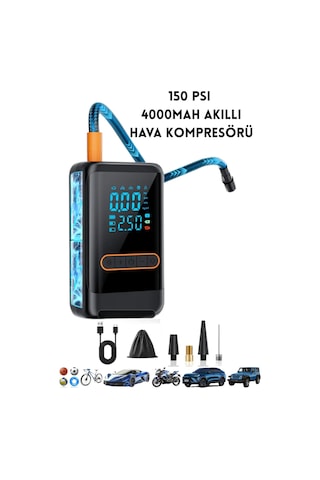 Lcd Ekranlı 150 Psı Şarjlı Hava Kompresörü Led Işıklı, 4000mah, Araç Ve Bisiklet Şişirici