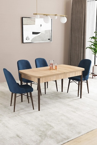 Sar Pakete Almira Serisi, Meşe Desen 80x132 Açılabilir Mdf Mutfak Masası Takımı 4 Adet Sandalye Lacivert