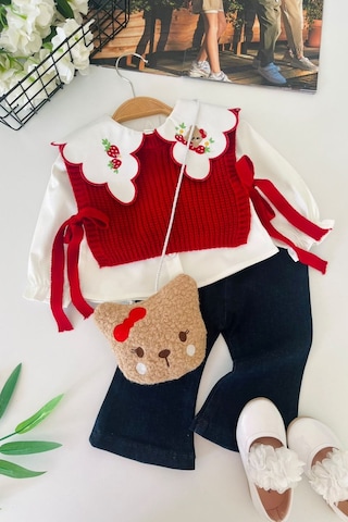 Minigimin Cicileri Çilek Yaka İşleme Detaylı Trikolu Çantalı Kız Bebek 4 Lü Takım - Kırmızı Minigimin Cicileri Çilek Yaka İşleme Detaylı Trikolu Çantalı Kız Bebek 4 Lü Takım - Kırmızı