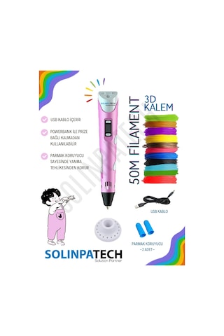 Solinpatech 3D Pen Üç Boyutlu Yazıcı Kalem Printer + 10 Adet 5 M Filament 50 M + USB Kablo Pembe