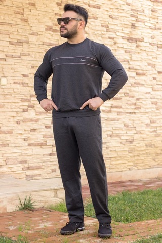 Antrasit Rahat Kalıp Nakışlı Kalın Sweat Erkek Eşofman Takımı 21EESTBAKT Antrasit