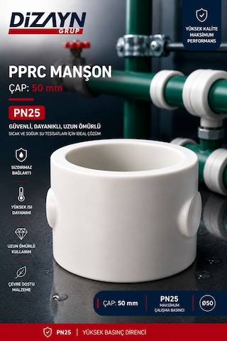 Dizayn Pprc Manşon 50 Mm 15 Adet Pn25 Temiz Su Tesisat Ek Parçası