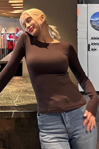 Madmext Acı Kahve Kayık Yaka Uzun Kollu Kadın Top Body Mg2267 Acı Kahverengi