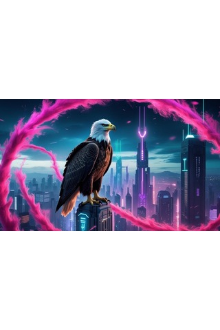 Kartal Fütüristik Bir Şehirde Neon Parıltı Stili 02 Çerçevesiz 50x30 Cm Pvc Tablo