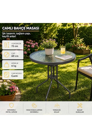Yuvarlak Bahçe Balkon Masası 60 Cm Çap Buzlu Tamperli Cam