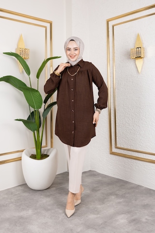 Önü Büzgülü Bilek Lastikli Tunik - Acı Kahve / Ü104 Acı Kahve Acı Kahverengi