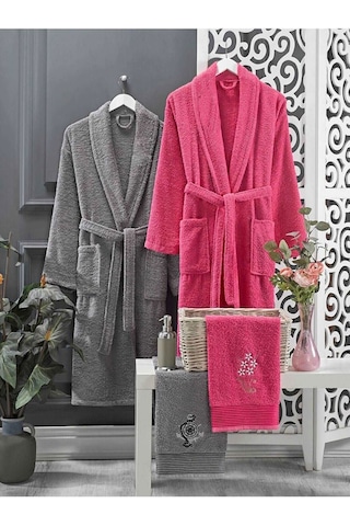 4 Parça Aile Bornoz Seti Kadın Erkek Havlulu Bornoz Takımı Fuşya - Gri