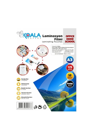 A3 Laminasyon Filmi 125 Micron 50 Adet Parlak Kaplama Malzemesi Tam Koruyucu