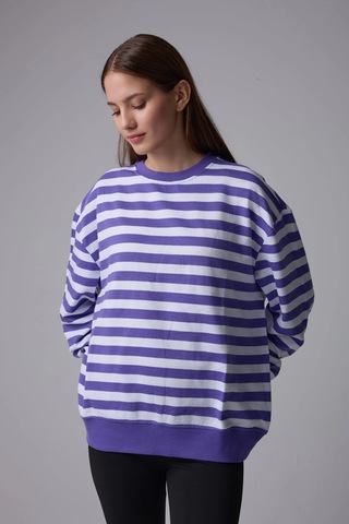 Defys Kadın Çizgili Oversıze Sweat Mor-beyaz - 608041455 Mor-beyaz