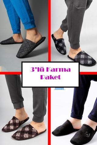 3 Lü Avantajlı Paket Kışlık Peluş Desenli Sessiz Ortopedik Taban Çeyiz Misafir Ev Terliği Seti 3 Lü Karma Erkek