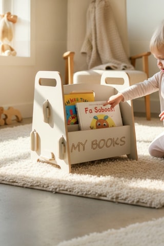 Montessori Ahşap Çocuk Kitaplığı Gri Eğitici Ve Dekoratif Tasarım - Kitaplık Beyaz