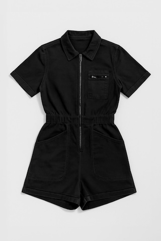 Kadın Kısa Kollu Fermuarlı Beli Lastikli Jean Tulum Şort Siyah