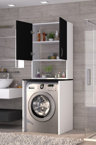 Üst Dolaplı Çok Amaçlı Çamaşır Makinesi Dolabı Siyah Beyaz