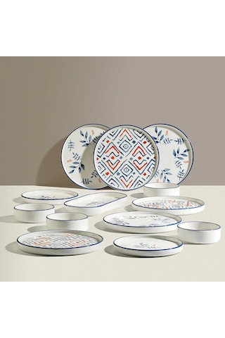 Nehir Blue Orange 6 Kişilik 13 Parça Seramik Kahvaltı Takımı Beyaz - Mavi