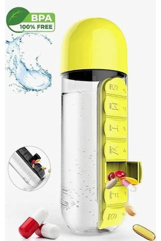 600 Ml 7 Günlük İlaç Saklama Kutulu Hazneli Su Matarası Sarı