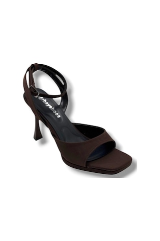 Erbay 603-26 Parlak Saten Tek Bant Orta Boy Topuk Kadın Sandalet 10cm Kahverengi