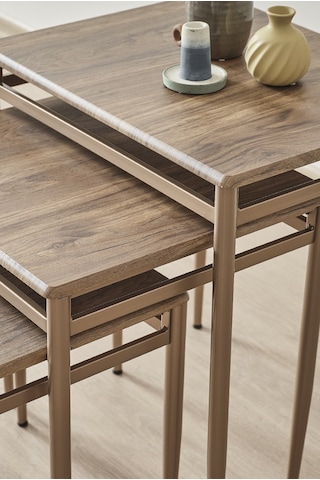 Damrin Serisi Traverten Desen 1. Sınıf Mebran Mdf 3 Lü Zigon Sehpa Takımı Ceviz Desen - Bronz Ayak