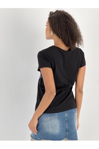 Kadın Leopar Ve Gül Desenli Siyah T-shirt Siyah
