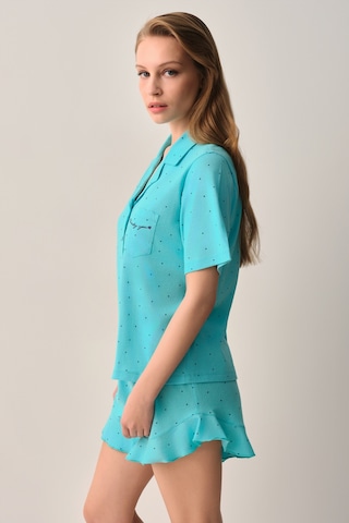 Suwen Lucky Pamuklu Gömlek Yaka Şort Pijama Takımı Sh26623667b335 Turkuaz Desenli