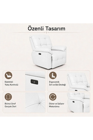 Smarto Relax Zürih Vıp Elektrikli Döner Sallanan Tv Koltuğu Kontrol Panelli Ergonomik Gerçek Deri Baba Koltuğu Beyaz