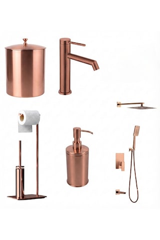 Rose Gold 5'li Banyo Seti Ankastre Duş Seti, Lavabo Bataryası, Sıvı Sabunluk, Wc Fırçalık Ve Çöp Kovası
