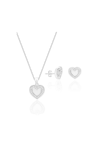 Gümüş Kolye Zirkon Taşlı Kalp Motifli Gümüş İkili Set St143 Gümüş