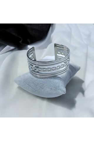 Kadın Çelik Ortası Zincir Detaylı Kalın Kelepçe Bileklik Gümüş Renk Çelik