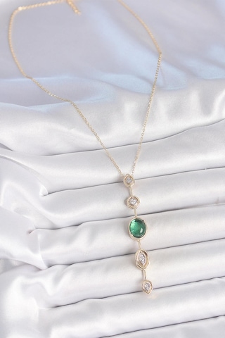 Pirinç Zincir Zümrüt Yeşil Gold Renk Zirkon Taşlı Y Kolye Çok Renkli