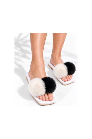 Dabab Shoes Pomella Kadın Beyaz Çift Ponponlu Peluş Bantlı Kaymaz Tabanlı Önü Açık Ev Terliği