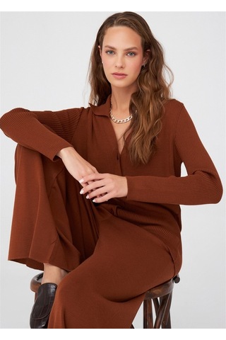 Peraluna Polo V Yaka Ribana Örgü Fit Kesim Kadın Triko Bluz Kahve