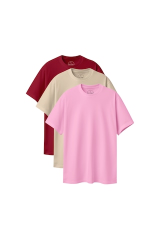 Velvoria Unisex Oversize Basic 3'lü Bordo Bej Pembe Renk T-shirt Çok Renkli12