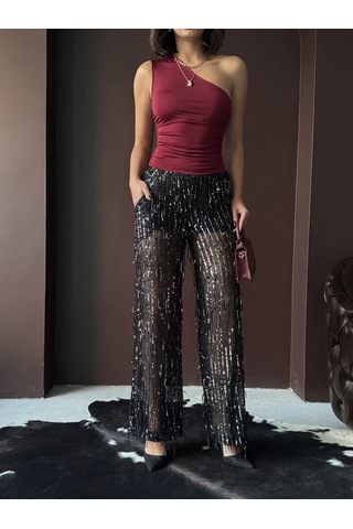 Verymoda Pullu Tül Pantolon F1611 Siyah