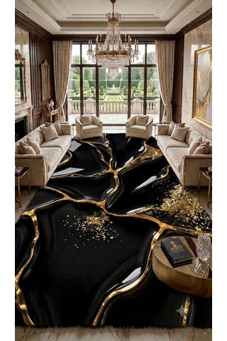 Luxury Bambu Organik Pamuk Dokulu Deluxe Pufy Halı Bambu Kumaş Pamuk Kaymaz Taban 4mm Süngerli Premium Solmaz Baskı Leke Tutmaz Yıkanabilir Salon Oturma Odası Yatak Odası Halısı Modern Altın - Gri - Siyah