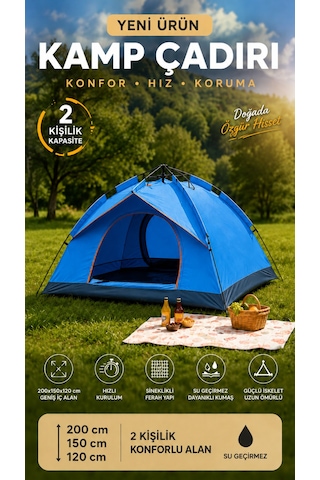 Çadır Tam Otomatik Kamp Çadırı 2 Kişilik 200x150 Cm 3 Saniyede Kurulum Su Geçirmez Geniş Çadır Outdoor Lacivert