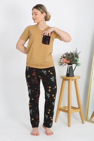 Akbeniz Kadın Kısa Kol Pamuk Penye Pijama Takım Hardal 4214-hardal Hardal