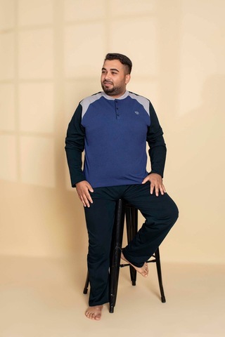 Erkek Büyük Battal Beden Desenli 3 Düğmeli %100 Pamuk Mevsimlik Uzun Kol Cepli Pijama Takımı Koyu Mavi