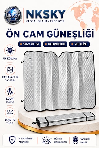 Nksky Oto Ön Cam Güneşliği 136x70 Cm Vantuzlu Katlanabilir Baloncuklu Metalize Araba Güneşlik Perde