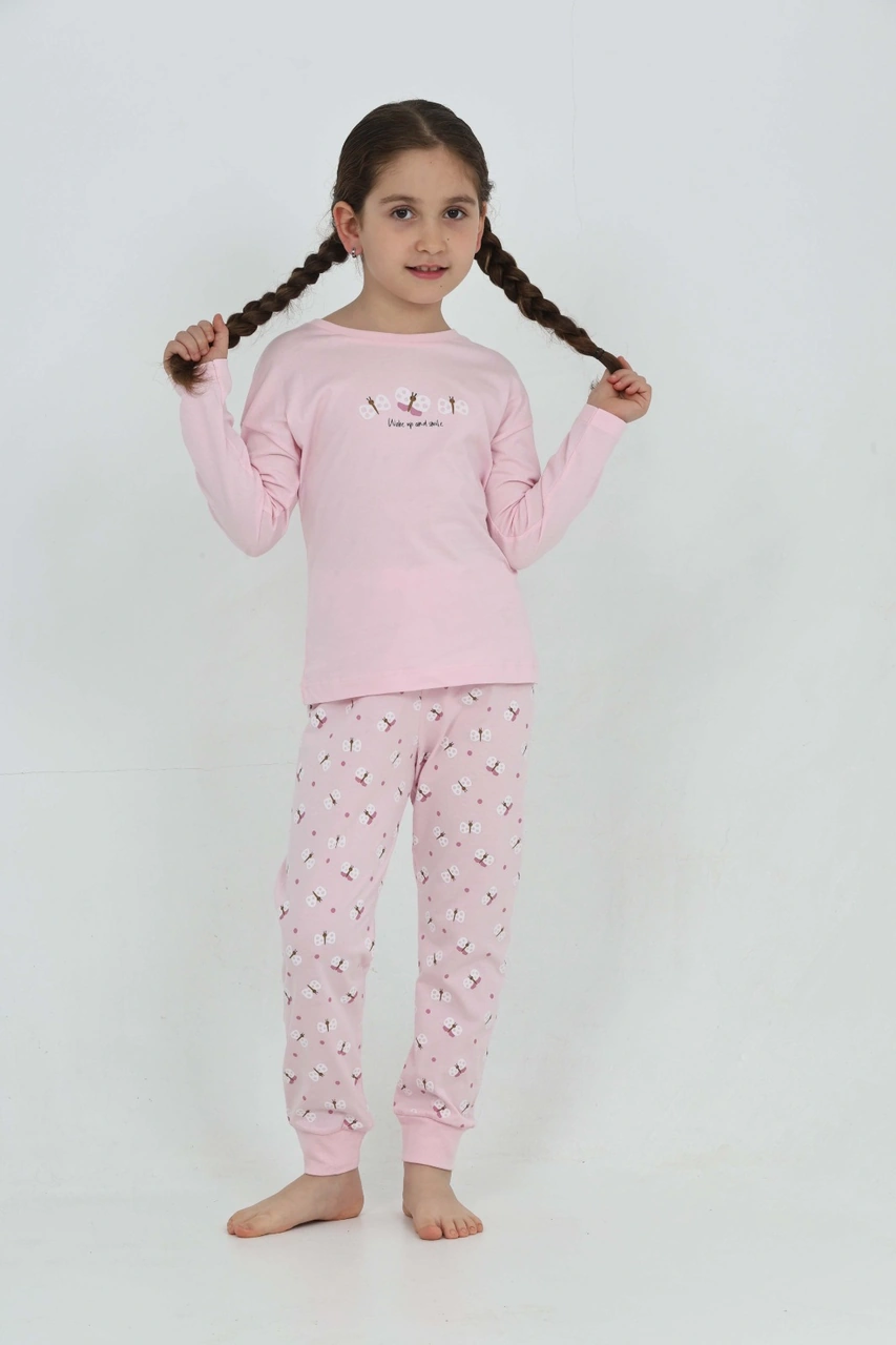 Toontoy Kız Çocuk Kelebek Baskılı Pijama Takım Açık Pembe