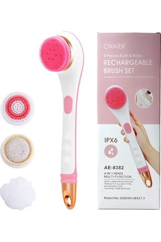 Yifomall Pink Elektrikli Banyo Fırçası: 4 Farklı Başlı, 2 Hızlı, Uzun Kolu, Ipx7 Su Geçirmez, Vücut Temizleme Ve Masaj Ae-8382 Çok Renkli