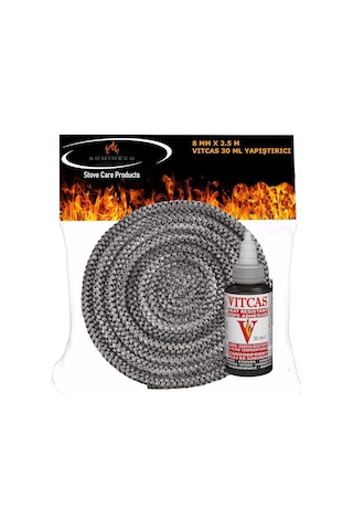 Fiberglass Antrasit Renk Soba Şömine Fitil 8 Mm X 2.5m Vıtcas Yapıştırıcı 30 Ml