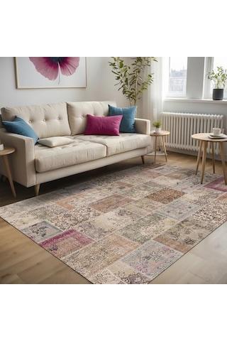 Senda Patchwork Desenli Şönil Pamuk Tabanlı Yıkanabilir Kaymaz Antibakteriyel Salon Halısı 80x200 Genel