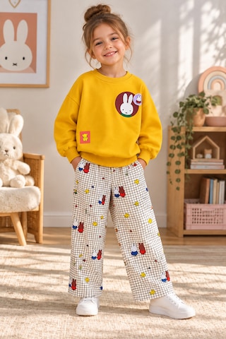 Tucankids Kız Çocuk Miffy Tavşan Baskılı 2'li Eşofman Takımı %100 Pamuk 3 İplik Şardonsuz Sweatshirt Ve Desenli Pantolon 2-8 Yaş Sarı