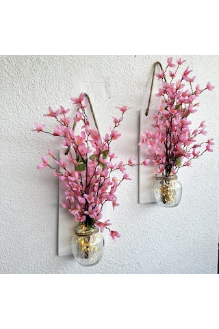 Led Işıklı, Pembe Sakura Çiçekli Duvar Dekoru Beyaz İkili Set