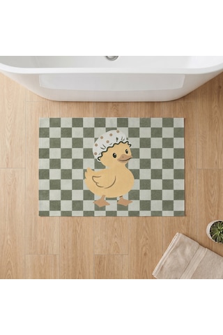 Kartela Halı Pastel Dama Ördekli Banyo Paspası Adaçayı Yeşili Kaymaz Taban 50x75 Cm