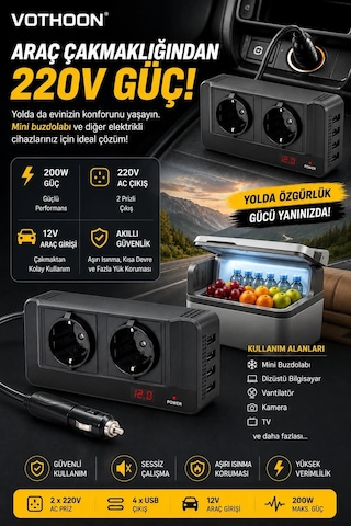 200w 12v Dc - 220v Ac Araç İçi İnvertör Priz Usb Girişli Dijital Göstergeli