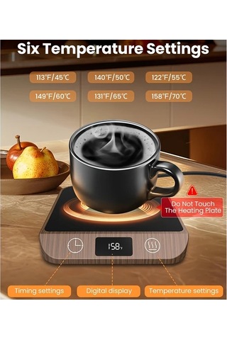 Willowhaven Koyu Ahşap Desenli 6 Ayar Ve Zamanlayıcılı Mug Isıtıcı Kahve Çay Süt İçecek Isıtma