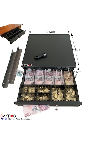 5 Geniş Kağıt Para Gözlü Montaj Askılı Pos Bağlantılı Anahtardan Açılır Para Çekmecesi 40,5x42x11cm